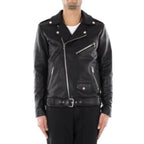 Men's Black Premium Leather Belted Biker Original Jacket – Handcrafted Full-Grain – bomber jacket, front view – Kamercio