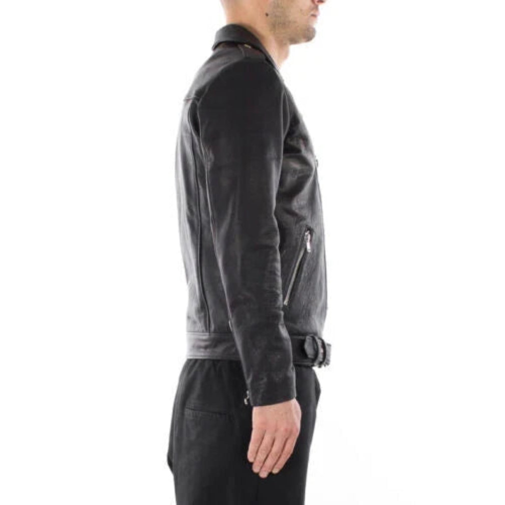 Men's Black Premium Leather Belted Biker Original Jacket – Handcrafted Full-Grain