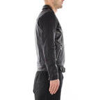 Men's Black Premium Leather Belted Biker Original Jacket – Handcrafted Full-Grain – bomber jacket, close-up detail – Kamercio