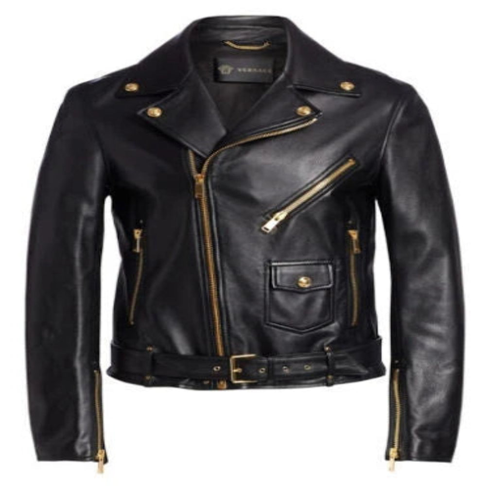 Men's Black Original Leather Belted Biker Jacket – Premium Gold Hardware Handcrafted Full-Grain