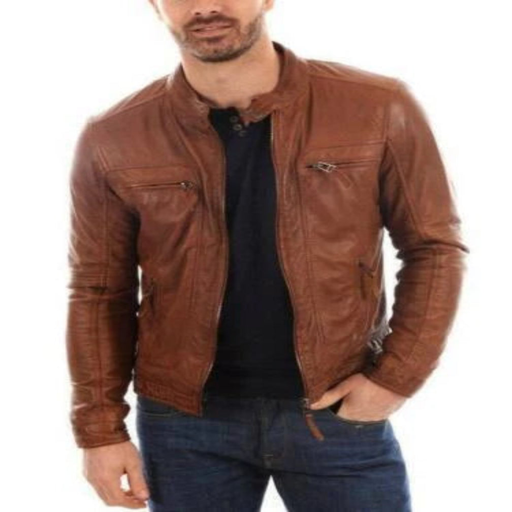 Men's Tan Brown Original Leather Premium Racer Jacket – Handcrafted Full-Grain