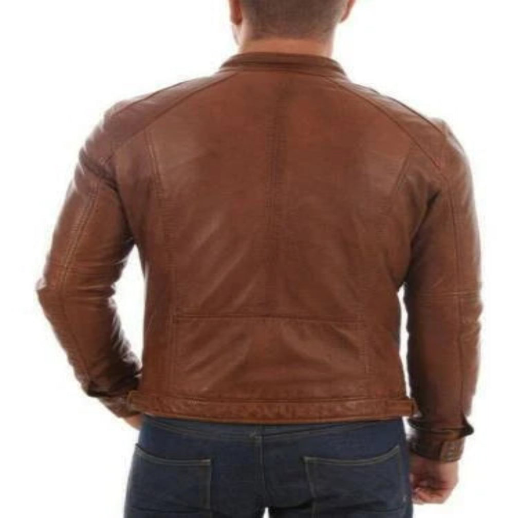 Men's Tan Brown Original Leather Premium Racer Jacket – Handcrafted Full-Grain