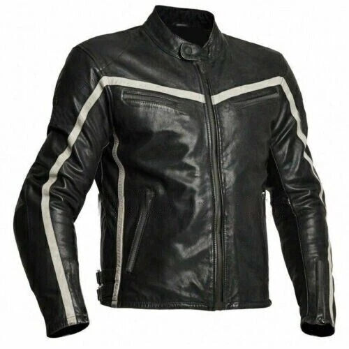Men's Black Original Leather Motorcycle Jacket – White Chevron Stripe Handcrafted Full-Grain