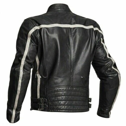 Men's Black Original Leather Motorcycle Jacket – White Chevron Stripe Handcrafted Full-Grain