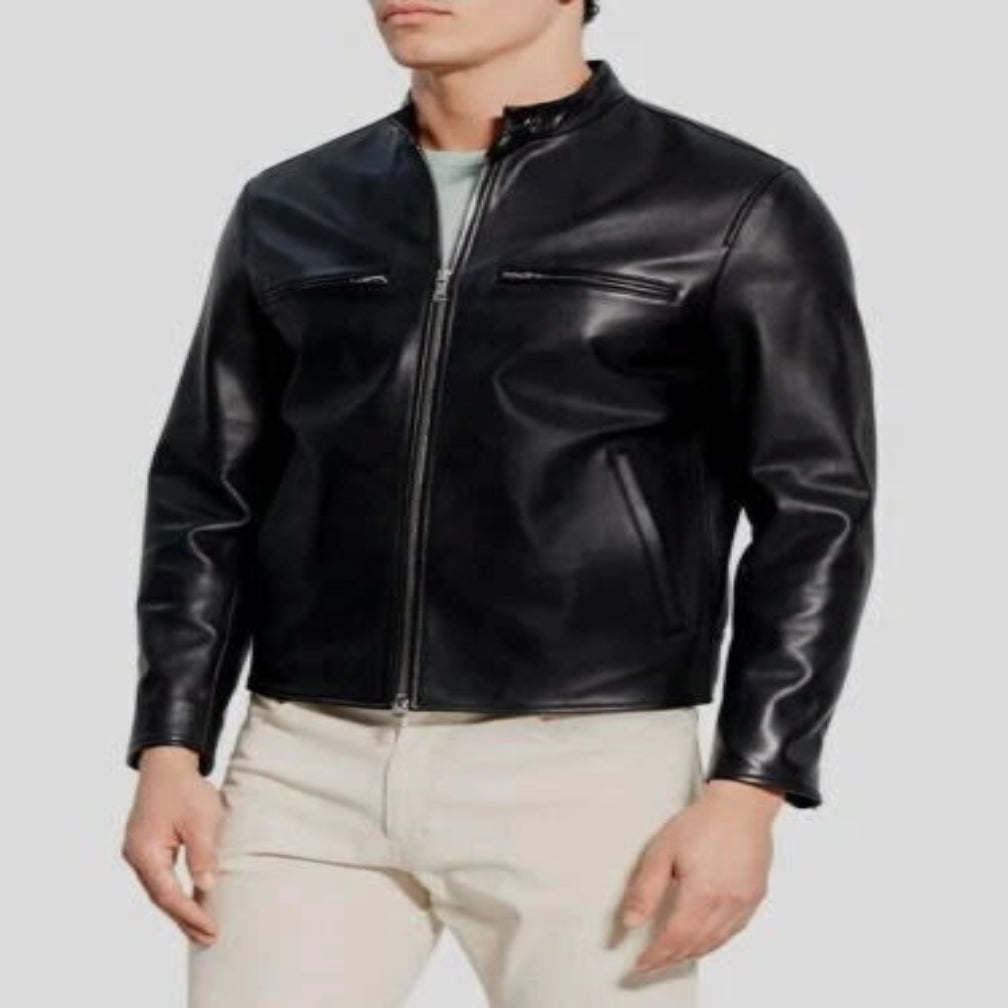 Men's Black Original Leather Minimalist Racer Jacket – Handcrafted Full-Grain