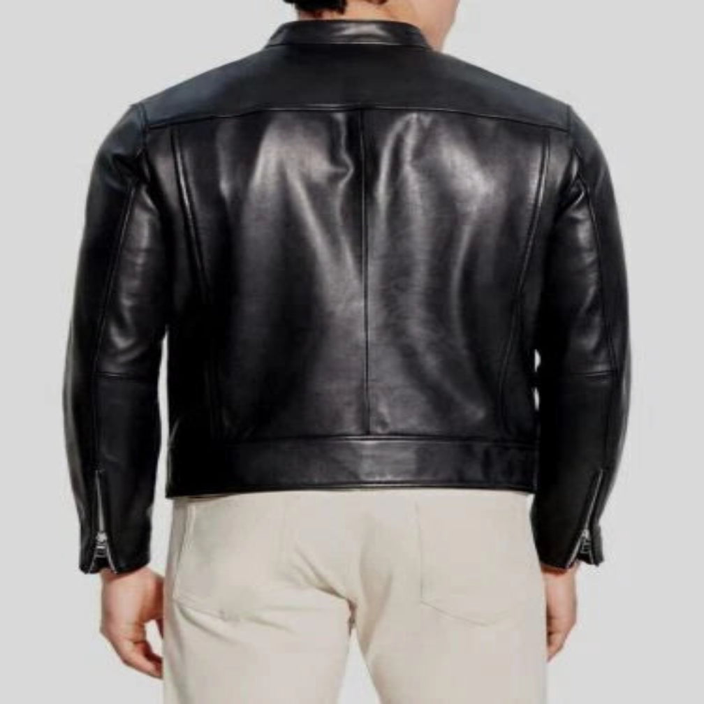 Men's Black Original Leather Minimalist Racer Jacket – Handcrafted Full-Grain