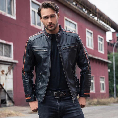 Men's Black Original Leather Premium Racer Jacket – Orange Stripe Detail Handcrafted Full-Grain