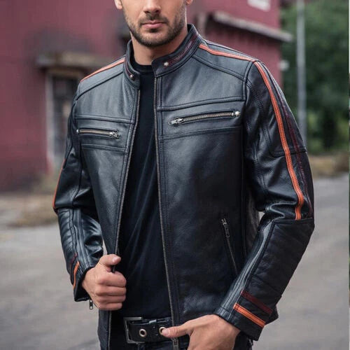 Men's Black Original Leather Premium Racer Jacket – Orange Stripe Detail Handcrafted Full-Grain