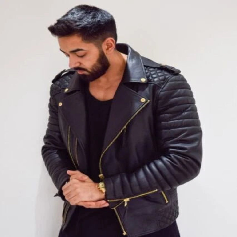 Men's Black Quilted Premium Original Leather Biker Jacket with Gold Hardware