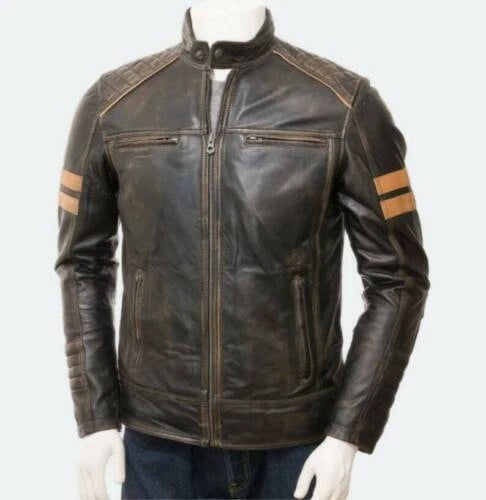 Men's Distressed Premium Brown Racer Original Leather Jacket with Tan Stripe Detail