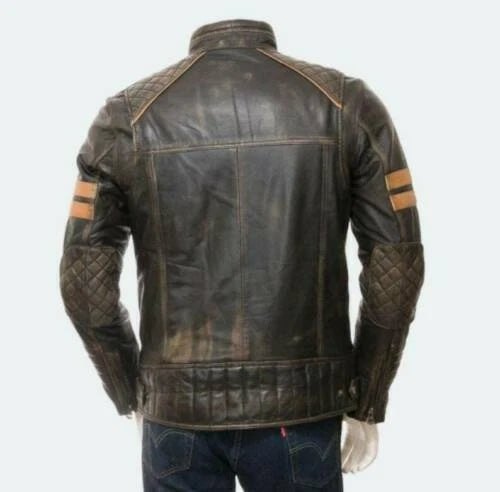 Men's Distressed Premium Brown Racer Original Leather Jacket with Tan Stripe Detail