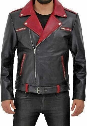 Men's Premium Black Two-Tone Belted Original Leather Biker Jacket