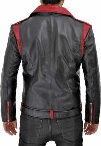 Men's Premium Black Two-Tone Belted Original Leather Biker Jacket