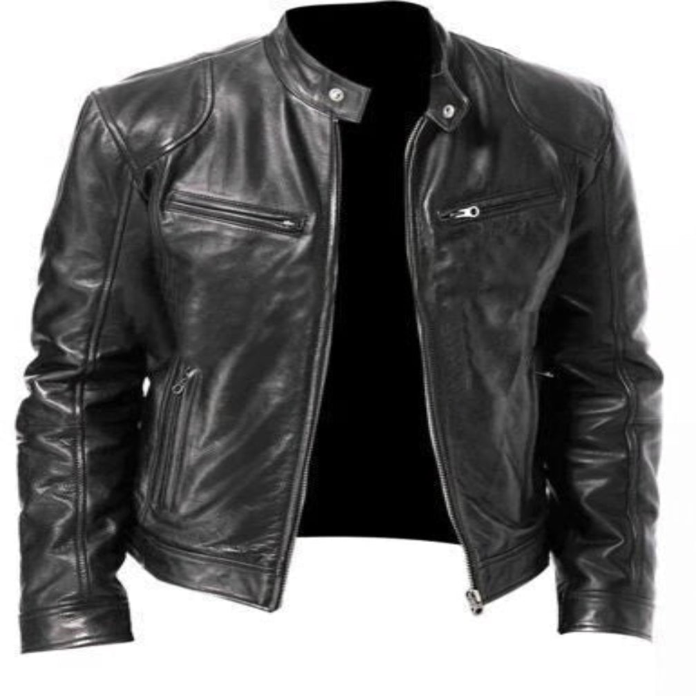 Men's Black Clean Cafe Racer Leather Jacket with Twin Chest Zip Pockets