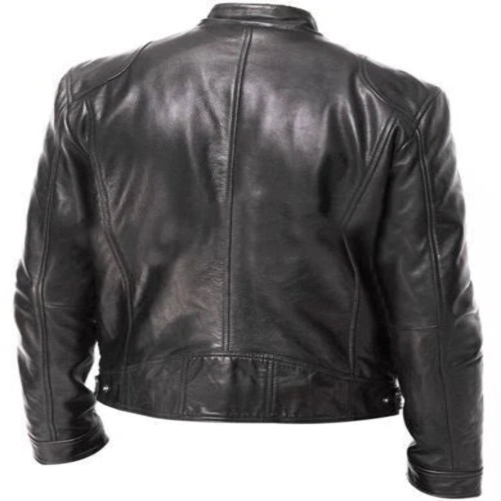 Men's Black Clean Cafe Racer Leather Jacket with Twin Chest Zip Pockets