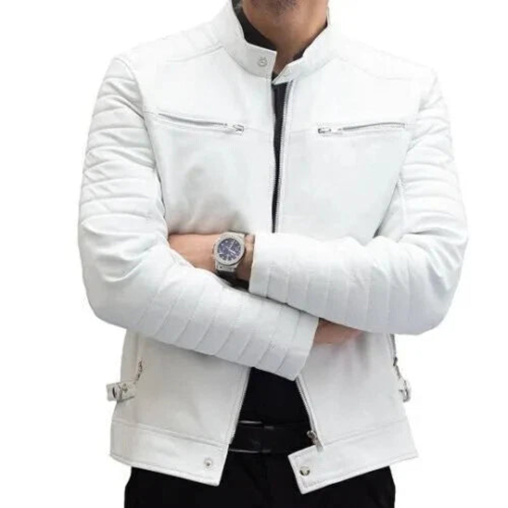 Men's White Premium Quilted Original Leather Biker Jacket – Full-Grain Handcrafted