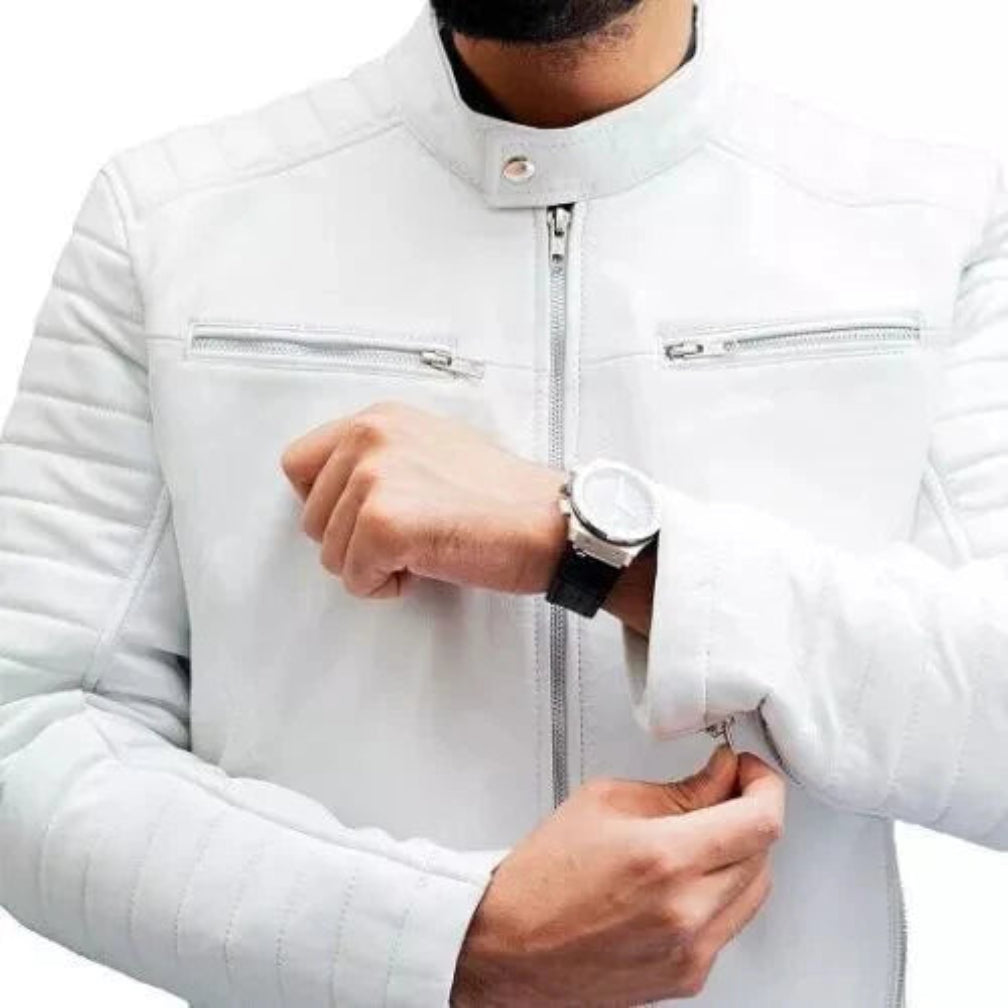 Men's White Premium Quilted Original Leather Biker Jacket – Full-Grain Handcrafted