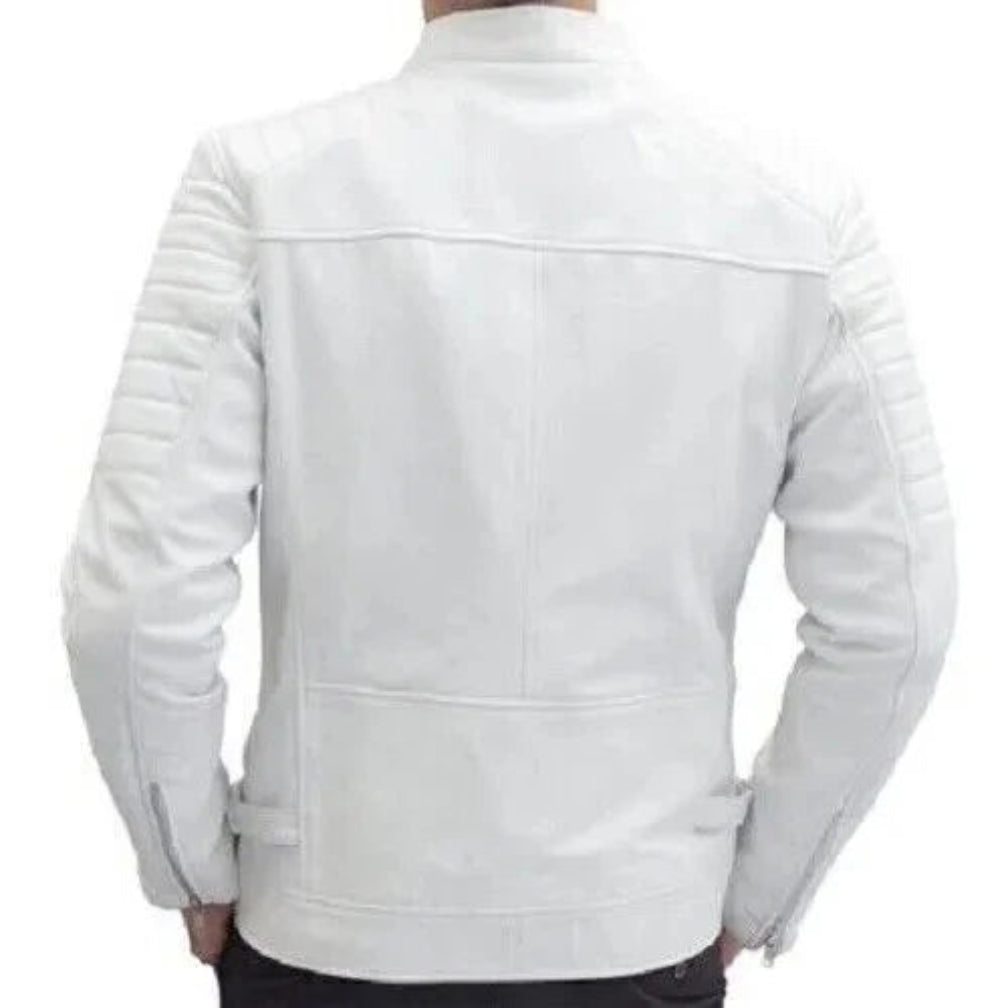 Men's White Premium Quilted Original Leather Biker Jacket – Full-Grain Handcrafted