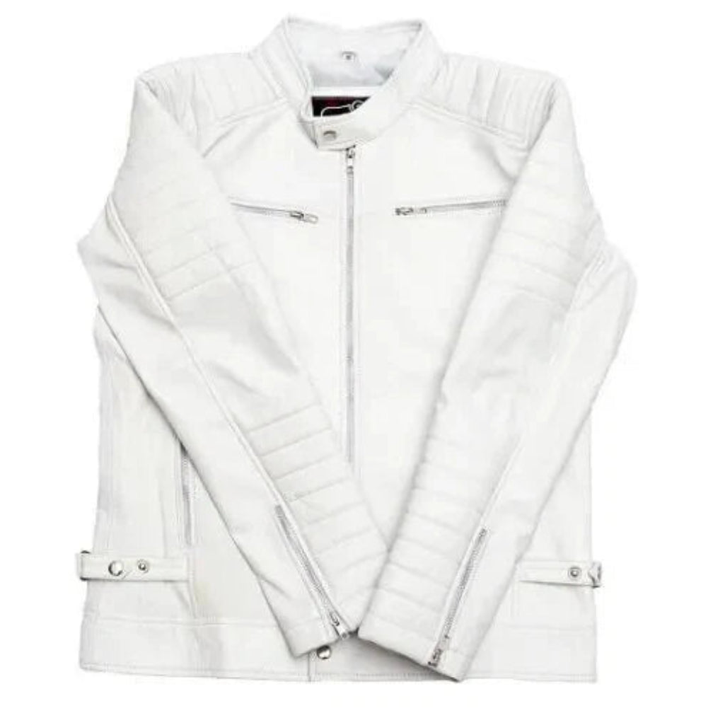 Men's White Premium Quilted Original Leather Biker Jacket – Full-Grain Handcrafted