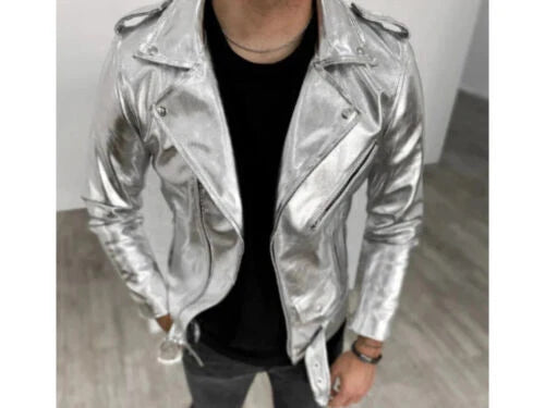 Men's Premium Silver Metallic Biker Original Leather Jacket – Asymmetric Zip Handcrafted