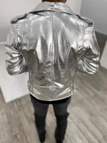 Men's Premium Silver Metallic Biker Original Leather Jacket – Asymmetric Zip Handcrafted