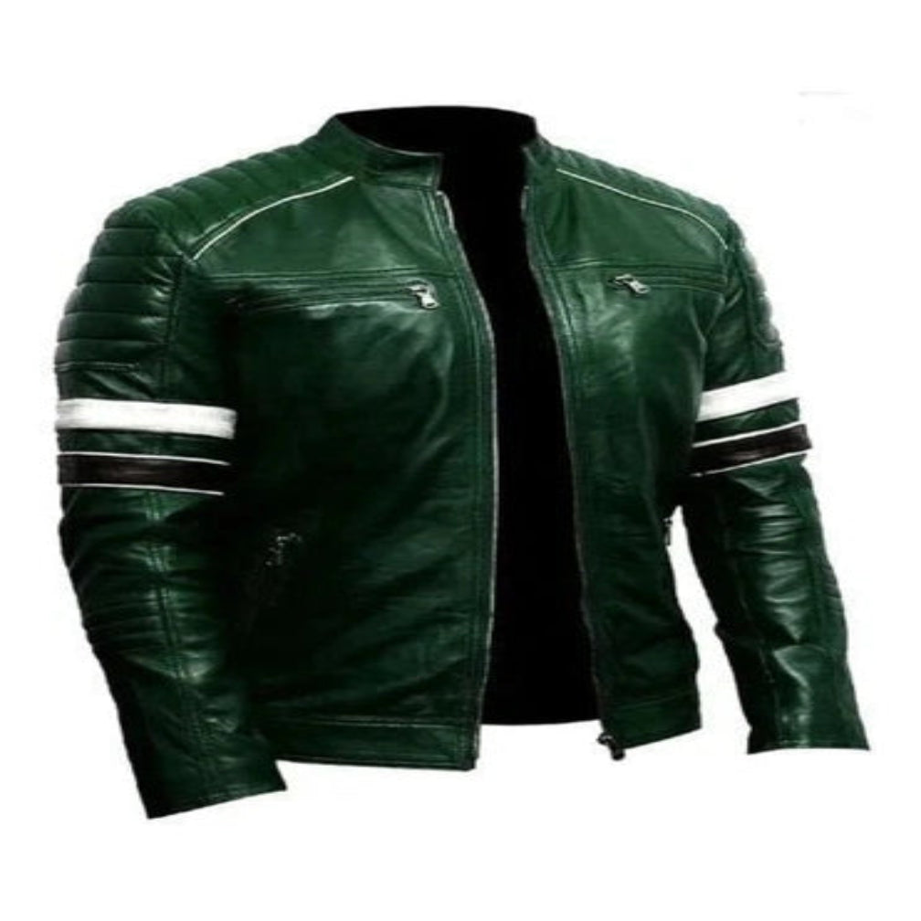 Men's Dark Green Quilted Stripe Biker Original Leather Jacket – Full-Grain Handcrafted