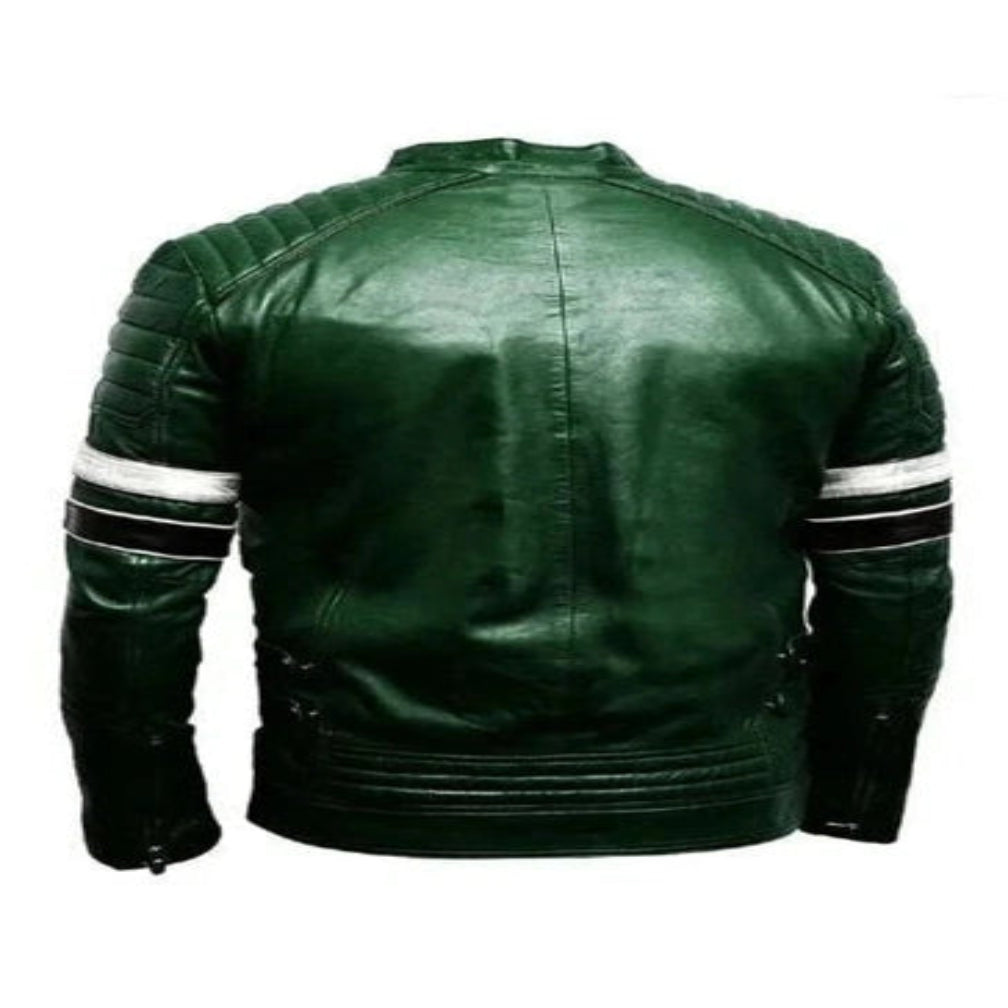 Men's Dark Green Quilted Stripe Biker Original Leather Jacket – Full-Grain Handcrafted