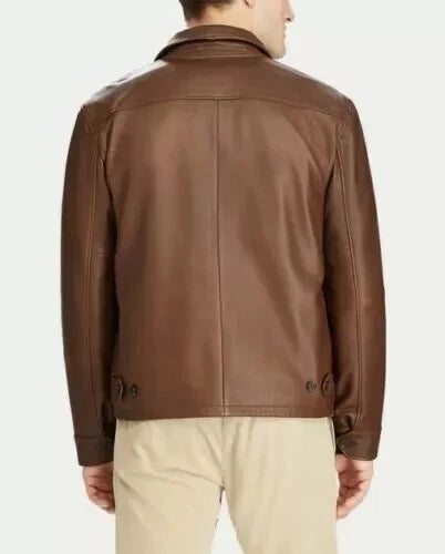 Men's Premium Brown Original Leather Harrington Jacket with Spread Collar