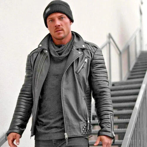 Men's Black Quilted Premium Original Leather Biker Jacket