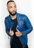 Men's Blue Quilted Original Leather Biker Jacket