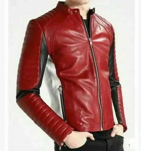 Men's Red, Black & White Colour-Block Original Premium Leather Biker Jacket