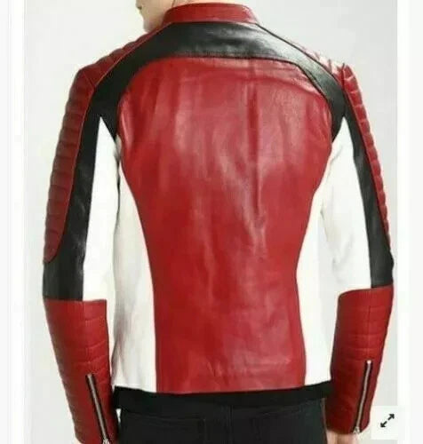 Men's Red, Black & White Colour-Block Original Premium Leather Biker Jacket