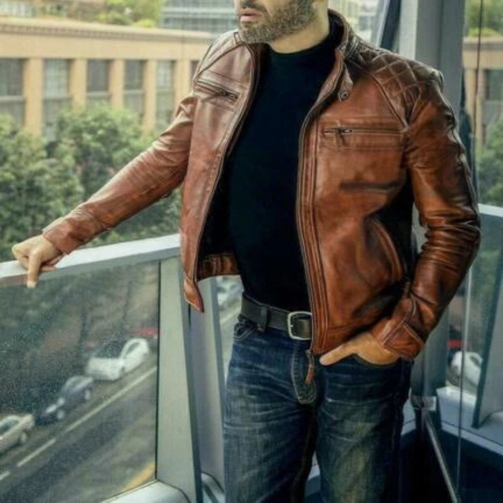 Men's Cognac Brown Quilted Lambskin Original Leather Cafe Racer Jacket