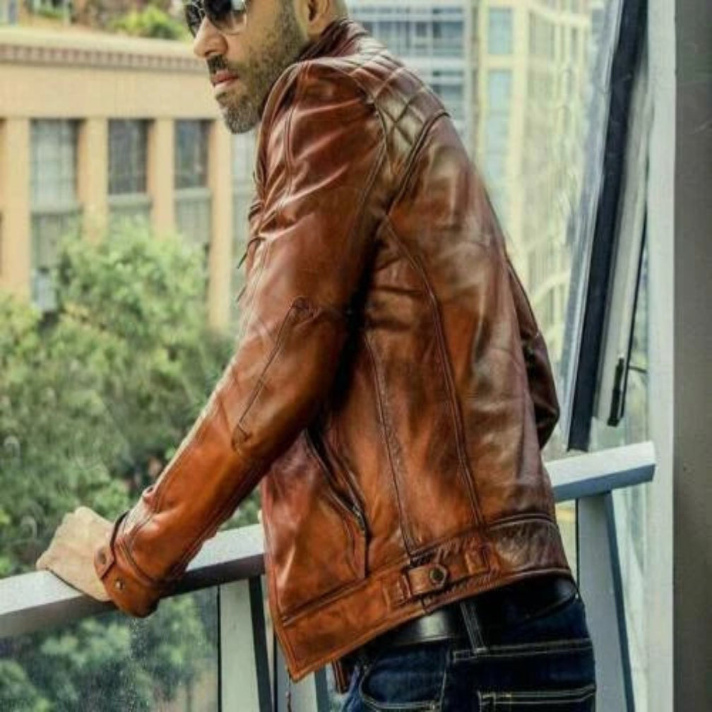 Men's Cognac Brown Quilted Lambskin Original Leather Cafe Racer Jacket
