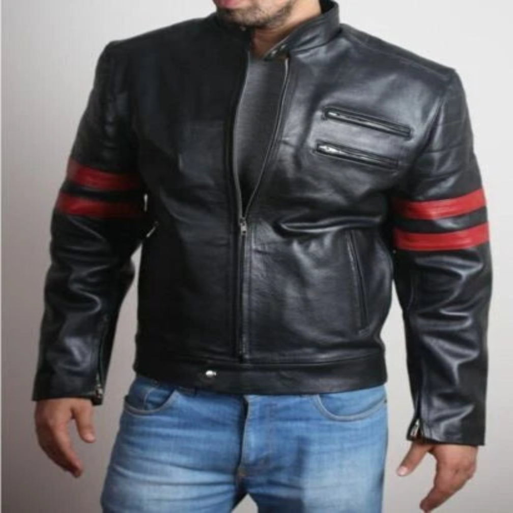 Men's Black Lambskin Original Leather Racer Jacket with Red Stripe Sleeves