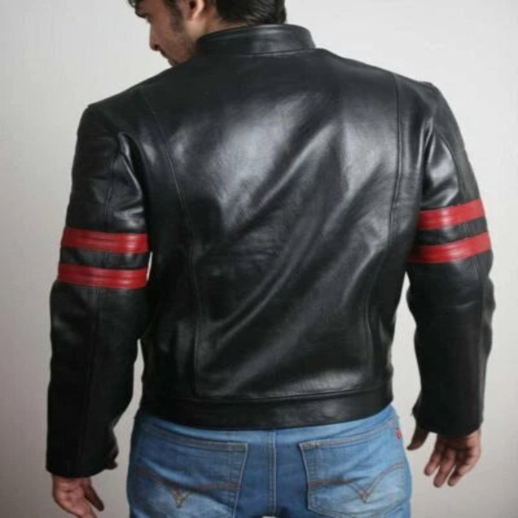 Men's Black Lambskin Original Leather Racer Jacket with Red Stripe Sleeves