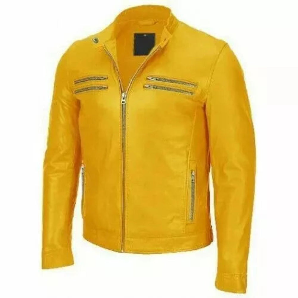 Men's Yellow Lambskin Premium Original Leather Racer Jacket with Dual Chest Zips