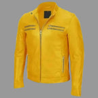 Men's Yellow Lambskin Premium Original Leather Racer Jacket with Dual Chest Zips
