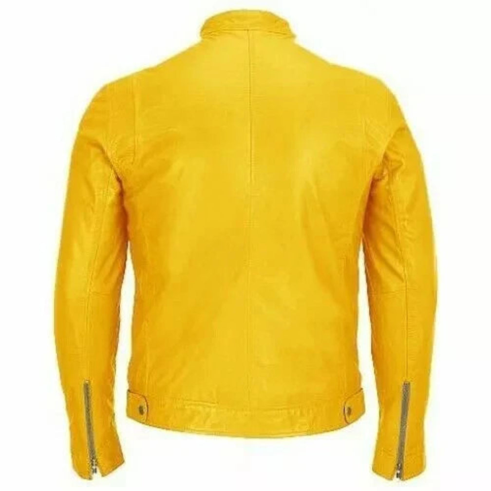 Men's Yellow Lambskin Premium Original Leather Racer Jacket with Dual Chest Zips