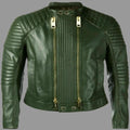 Men's Dark Green Lambskin Original Leather Racer Jacket with Ribbed Panels & Gold Hardware
