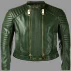 Men's Dark Green Lambskin Original Leather Racer Jacket with Ribbed Panels & Gold Hardware