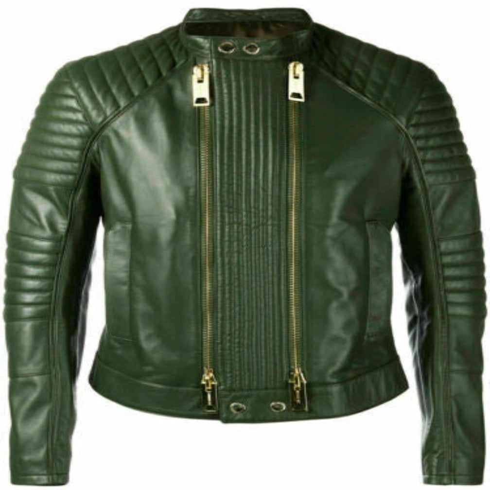 Men's Dark Green Lambskin Original Leather Racer Jacket with Ribbed Panels & Gold Hardware