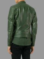 Men's Dark Green Lambskin Original Leather Racer Jacket with Ribbed Panels & Gold Hardware