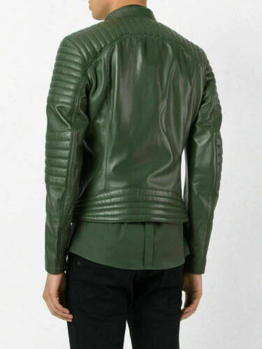 Men's Dark Green Lambskin Original Leather Racer Jacket with Ribbed Panels & Gold Hardware