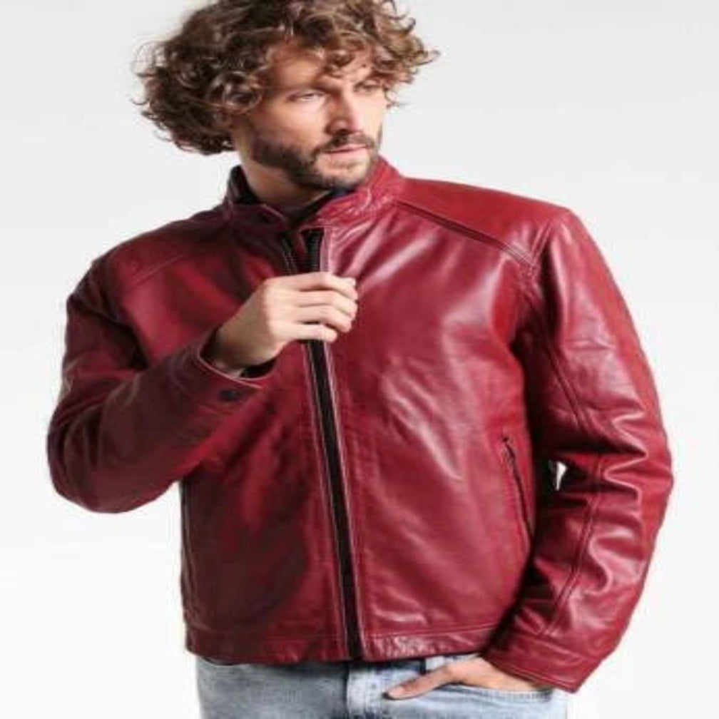 Men's Red Lambskin Original Premium Leather Biker Jacket