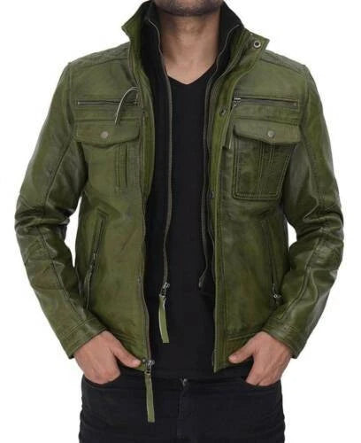 Men's Olive Green Lambskin Premium Original Leather Field Jacket with Multi-Pockets