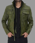 Men's Olive Green Lambskin Premium Original Leather Field Jacket with Multi-Pockets
