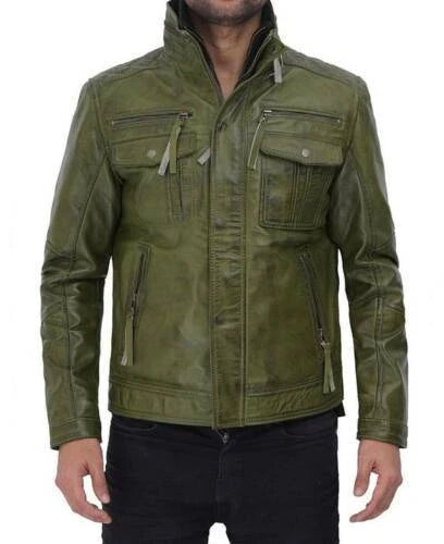 Men's Olive Green Lambskin Premium Original Leather Field Jacket with Multi-Pockets