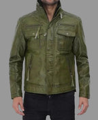 Men's Olive Green Lambskin Premium Original Leather Field Jacket with Multi-Pockets