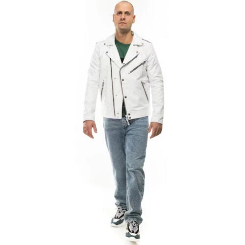 Men's White Lambskin Premium Original Leather Double-Zip Biker Jacket with Snap Buttons